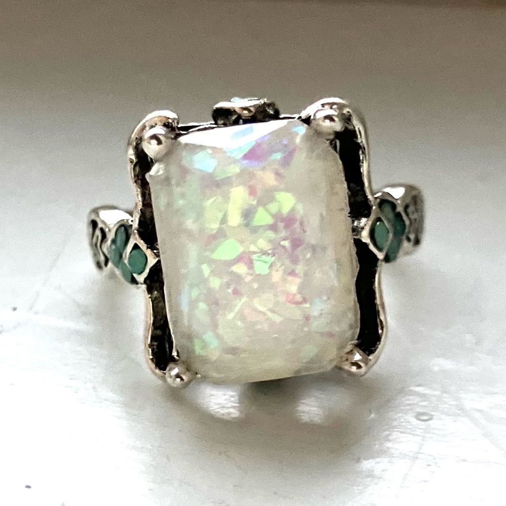 Natural Opal rectangle Stone ring, set in Plated Silver Metal size 7